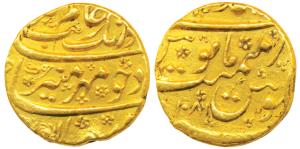 Aurangzeb, Gold Mohur, 10.9g, Ahmednagar Mint, AH 1086, mint name at top with floral attri