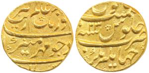 Aurangzeb, Gold Mohur, 11.0g, Jahangirnagar (Dhaka) Mint, RY 23, complete mint name at bot