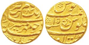 Aurangzeb, Gold Mohur, 11.96g, Multan Mint, AH 1083/15, a three bud flower within the Seen