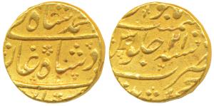 Muhammad Shah, Gold Mohur, 10.93g, Khujista Bunyad Mint, RY 21 (KM 438.13). Very Fine+.