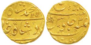 Muhammad Shah, Gold Mohur, 10.89g, Khujista Bunyad Mint, 115x/2 (KM 438.13). Very Fine, Sc