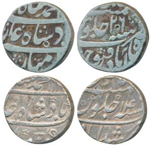 Muhammad Shah, Silver Rupee (2), 11.59g & 10.94g, Murshidabad Mint, AH 114X/14; Shahbad Qa