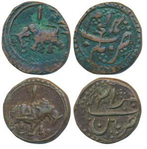 Tipu Sultan, Copper ½ Paisa (2), 5.54g &5.26g, Patan Mint, AM 1224; Nagar Mint, AM 1224, b