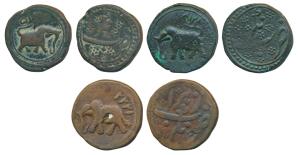 Tipu Sultan, Copper Paisa (3), Nagar Mint, AM 1215, 1218 &1222 (KM 103.3, 103.10 &103.11).