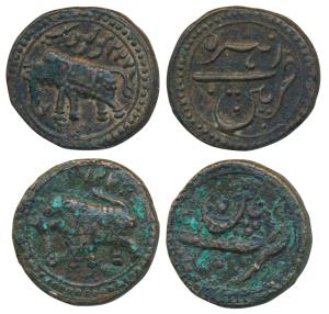 Tipu Sultan, Copper Paisa, 11.17g& 11.43g, Patan Mint, AM 1221 &1222 (KM 123.1&123.11). Ve
