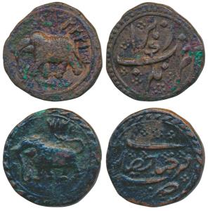 Tipu Sultan, Copper Paisa, 10.65g, Nagar Mint, AM 1222; Farrukhyab Hisar Mint, AM 1217, co