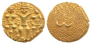 Gold 3 Swami Pagoda, 3.40g, Lord Balaji standing with his wives, Bhudevi and Shridevi on e