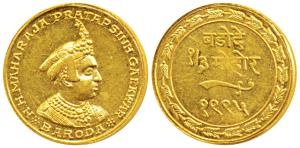 Pratap Singh (VS 1995-2008; 1938-1951 AD), Gold 1/3 Mohur, 4.14g, obv. portrait of the Mah