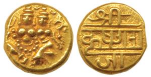 Krishna Raja Wodeyar, Gold Pagoda, 3.40g, obv. Shiva-Parvati seated, rev. Nagari legend Sr