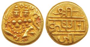 Krishna Raja Wodeyar, Gold Pagoda, 3.40g, obv. Shiva-Parvati seated, rev. Nagari legend Sr