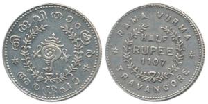 Rama Varma VI, Silver ½ Chitra Rupee, ME 1107 (1931), sankha or conch shell on obv., value