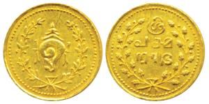 Tulabharam issue (1870-1931 AD), Gold ½ Pagoda, 1.28g, obv. conch shell within wreath, rev