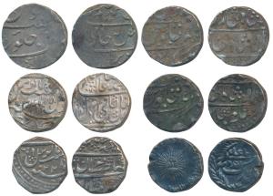 Silver Rupee (6), Awadh, Najibabad Mint, katar on rev.; Indore, Shivaji Rao; Jaisalmer, Ra
