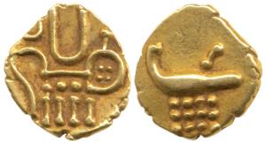 Gold Fanam, 0.37g, lazy J on obv., Kali on rev (KM 7). Extremely Fine.