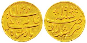 Murshidabad Mint, Gold ¼ Mohur, 3.1g, in the name of Shah Alam II, AH 1204/19, oblique mil
