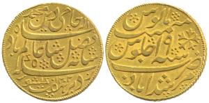 Murshidabad Mint, Gold Mohur, 12.32g, in the name of Shah Alam II, AH 1202/19, oblique mil