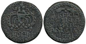Bombay Mint, Tin 2 Pice, 28.67g, GR above a large crown divided by an orb and cross with B