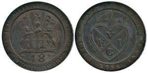 Copper Dub or 1/48 Rupee, 13.80g, 1794, coat of arms of the EIC on obv., bale mark on rev.
