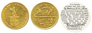 Gold Rupees 5 or 1/3 Mohur, 3.87g, obv. company arms with a lion holding a crown, rev. Per
