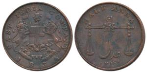 Copper ½ Anna, 12.71g, 1834, obv. coat of arms of the EIC and date below, rev. scales and 