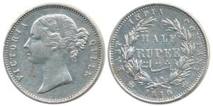 Victoria Queen, Silver ½ Rupee, 1840, Divided legend, Calcutta / Bombay Mint, .W.W incuse,