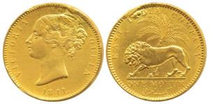 Victoria Queen, Gold Mohur, 11.6g, 1841, divided legend, WW incused on truncation (KM 462.