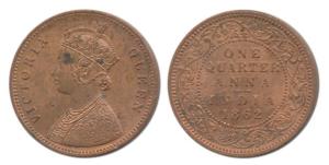 Victoria Queen, Copper ¼ Anna, 1862, Calcutta Mint, 4 lace panel in jabot with a single fl