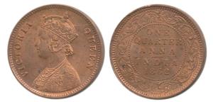 Victoria Queen, Copper ¼ Anna, 1862, Calcutta Mint, 4 lace panel in jabot with a single fl