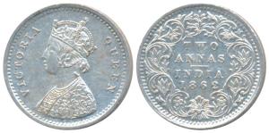 Victoria Queen, Silver 2 Annas, 1862, Calcutta Mint, No Mint mark. Uncirculated.
