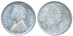 Victoria Queen, Silver 2 Annas, 1862, Calcutta Mint, No Mint mark. Uncirculated.