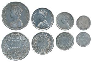 Victoria Queen, set of 4, Silver Rupee, ½, ¼ & 2 Annas, 1862. Fine to Very Fine. (4)
