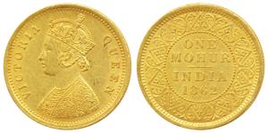 Victoria Queen, Gold Mohur, 1862, two flowers in bottom panel of jabot, V in relief in the