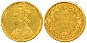 Victoria Queen, Gold Rupees 5, 1870, Mature bust (Prid 37, SW 4.22). Proof Restrike, Early