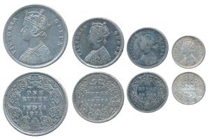 Victoria Queen, set of 4, Silver Rupee, ½, ¼ & 2 Annas, 1874, Calcutta Mint, A1 / I / No m