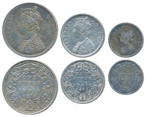 Victoria Queen, set of 3, Silver Rupee, ½ & ¼, 1875, Bombay Mint, A2 / II / dot, (Prid 146