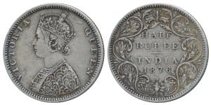 Victoria Queen, Silver ½ Rupee, 1876, Bombay Mint, B2 / II / dot, (Prid 287). Very Fine+, 