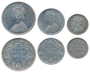 Victoria Queen, set of 3, Silver Rupee, ½ & ¼, 1876, A2 / II / dot, (Prid 147); Bombay Min