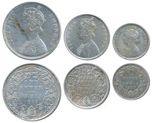 Victoria Empress, set of 3, Silver Rupee, ½ & ¼, 1877, Bombay Mint, A3 / II / dot, Unliste