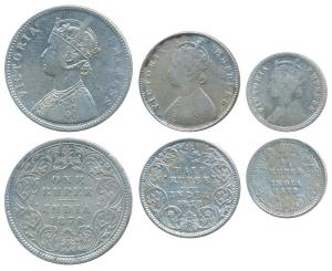 Victoria Empress, set of 3, Silver Rupee, ½ & ¼, 1878, Calcutta Mint, A1 / I / No mint mar