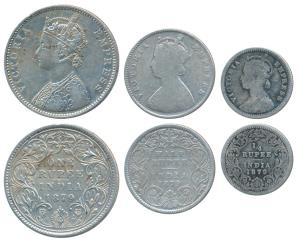 Victoria Empress, set of 3, Silver Rupee, ½ & ¼, 1879, Bombay Mint, A3 / IV / dot, (Prid 1