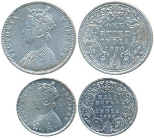 Victoria Empress, Silver Rupee, 1880, Bombay Mint; A3 / IV / dot; Silver ½ Rupee, 1899, Bo