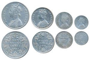 Victoria Empress, set of 4, Silver Rupee, ½, ¼ & 2 Annas,1881, Bombay Mint, A3 / IV / dot,