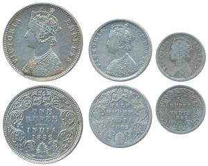 Victoria Empress, set of 3, Silver Rupee, ½ & ¼, 1882, Bombay Mint, A3 / I / dot, (Prid 16