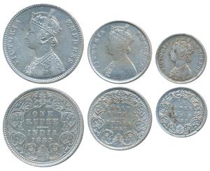 Victoria Empress, set of 3, Silver Rupee, ½ & ¼, 1883, Calcutta Mint, A1 / I / C incuse, (