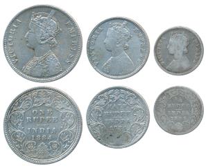 Victoria Empress, set of 3, Silver Rupee, ½ & ¼, 1884, Calcutta Mint, A1 / I / C incuse (P