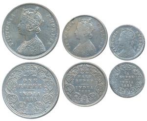 Victoria Empress, set of 3, Silver Rupee, ½ & ¼, 1885, Calcutta Mint, A1 / I / C incuse (P