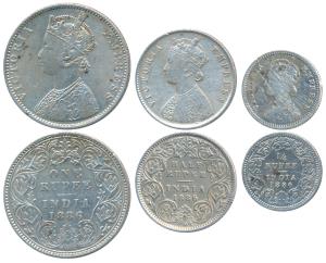 Victoria Empress, set of 3, Silver Rupee, ½ & ¼, 1886, Bombay Mint, C2 / I / B incuse, (Pr