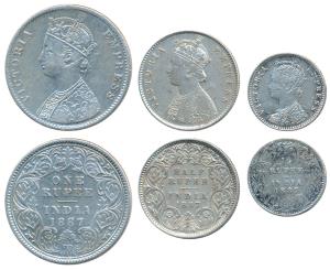 Victoria Empress, set of 3, Silver Rupee, ½ & ¼,1887, Calcutta Mint, A4 / I / C incuse, (P