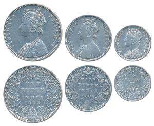 Victoria Empress, set of 3, Silver Rupee, ½ & ¼, 1888, Bombay Mint, C2 / I / B raised, (Pr
