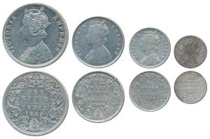 Victoria Empress, set of 4, Silver Rupee, ½, ¼, & 2 Annas, 1889, Bombay Mint, C2 / I / B i